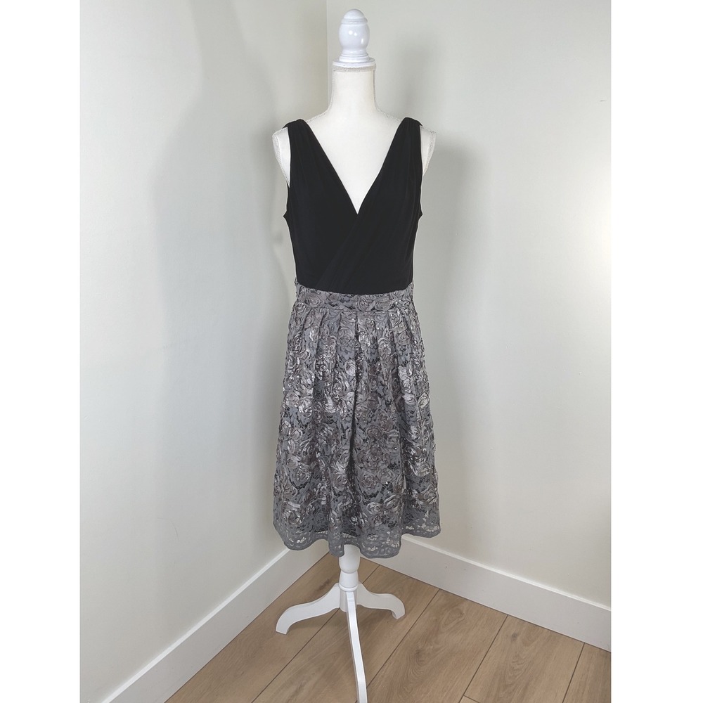 R&M Richards Party Dress Floral Lace Occasion Cocktail‎ Black Gray 16
